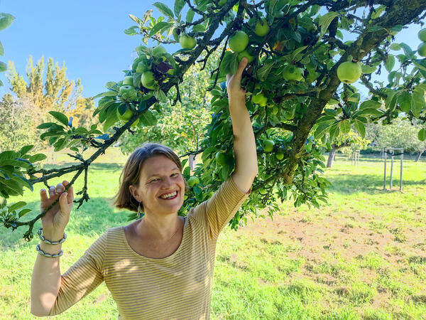 Foto 01 - Ernte- und Saftfest, Claudia Siebeck die Nachhaltigkeitsmanagerin der Stadt Zeitz prüft schon einmal die Qualität der Äpfel